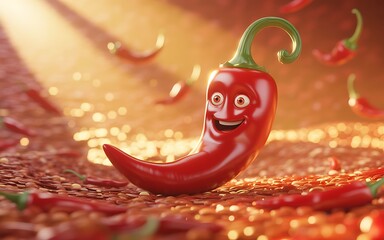 Happy red chili pepper with a funny face surrounded by other peppers