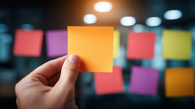 Hand holding a blank sticky note during a planning session, representing idea prioritization and organized workflow.

