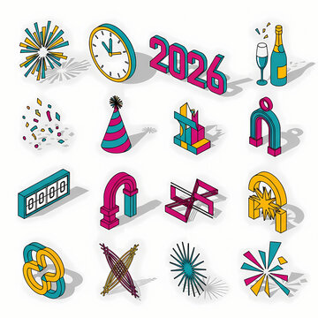 Isometric New Year 2026 Celebration Icons Set Festive Party Elements.