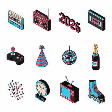 Isometric New Year 2026 Celebration Icons: Retro Party Elements and Festive Design.