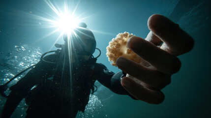 Freediver holding a piece of food underwater with sunlight above, capturing curiosity, interaction, and a human connection with the ocean environment