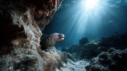 Shark swimming near a rocky coral reef with sunlight rays underwater, capturing mystery, power, and the beauty of marine wildlife
