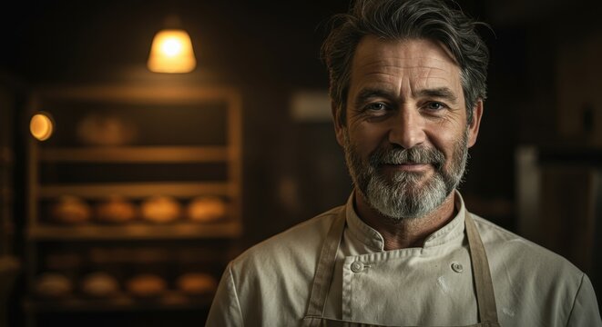 Confident mature artisan baker portrait smiling in a dimly lit bakery with fresh bread visible in the background.