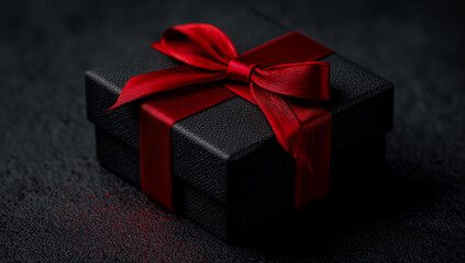 Elegant black gift box with a luxurious red ribbon and bow on a dark textured background