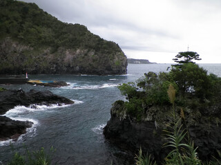 Beautiful nature of Azores. Rocky coast at stormy day at Sao Miguel Island.