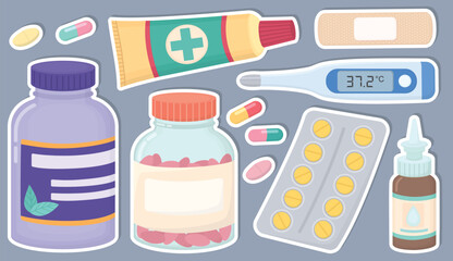 Set of stickers with variety of medical items and pharmaceutical products. Digital thermometer, adhesive bandage, ointment tube, eye or nasal drops, pill bottles, blister packs with tablets
