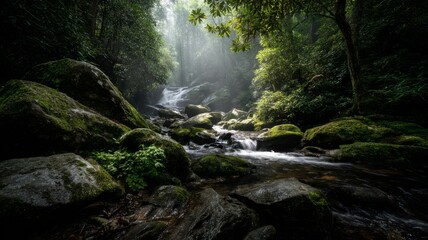 Obraz premium Serene forest stream with sunlit canopy. AI image