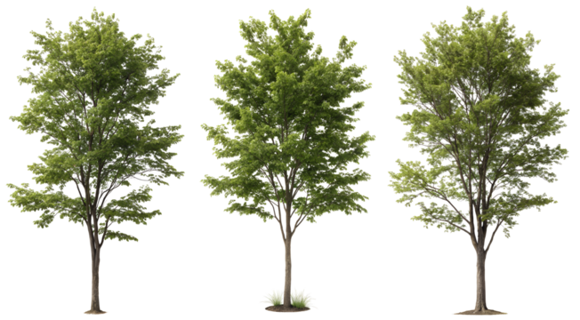 Three trees with lush green foliage are positioned close together against a transparent background. The trees vary slightly in shape, size, and density, emphasizing the diversity of nature.