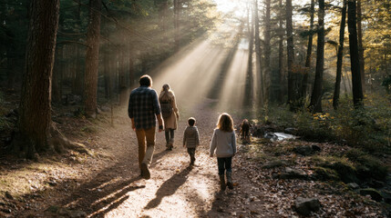 Family walking together through a forest path at sunset, capturing togetherness, nature connection, and a peaceful outdoor lifestyle