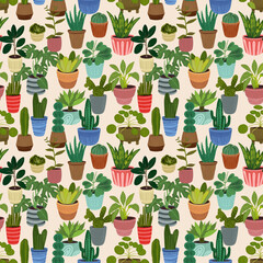 Seamless pattern with potted plants. Flat illustration: succulents, snake plants, monstera, and tall cacti. Perfect for home decor, wallpaper, fabric, stationery, wrapping paper, botanical designs.