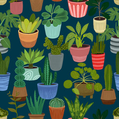 Seamless pattern with potted plants. Flat illustration: succulents, snake plants, monstera, and tall cacti. Perfect for home decor, wallpaper, fabric, stationery, wrapping paper, botanical designs.