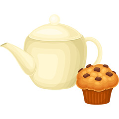 Cream Colored Teapot Next To A Chocolate Chip Muffin On A Transparent Background