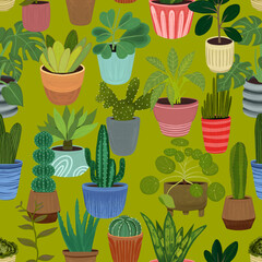 Seamless pattern with potted plants. Flat illustration: succulents, snake plants, monstera, and tall cacti. Perfect for home decor, wallpaper, fabric, stationery, wrapping paper, botanical designs.