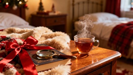 크리스마스책과따뜻한차가있는아늑한침실풍경