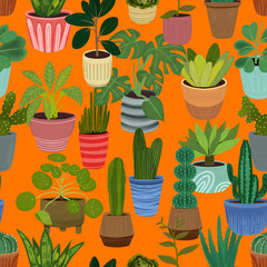Seamless pattern with potted plants. Flat illustration: succulents, snake plants, monstera, and tall cacti. Perfect for home decor, wallpaper, fabric, stationery, wrapping paper, botanical designs.