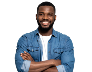 Portrait of handsome smiling young man with folded arms isolated on transparent background.