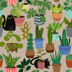 Seamless pattern with black cats and potted plants. Playful  illustration with various houseplants. Ideal for fabric, wallpaper, wrapping paper, stationery, home decor and fun botanical theme.