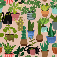 Seamless pattern with black cats and potted plants. Playful  illustration with various houseplants. Ideal for fabric, wallpaper, wrapping paper, stationery, home decor and fun botanical theme.