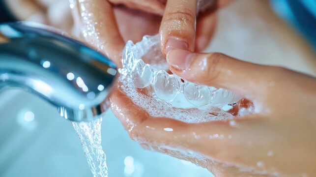 Hands rinsing a clear dental aligner under running water, showing proper cleaning and hygiene care for teeth