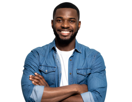 Portrait of handsome smiling young man with folded arms isolated on transparent background.