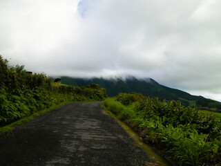 Typical landscape of Sao Miguel Island. Green Hills and rainy weather.