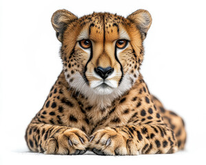 Obraz premium Hyperrealistic Portrait of a Cheetah with Detailed Fur Patterns Isolated on White Background