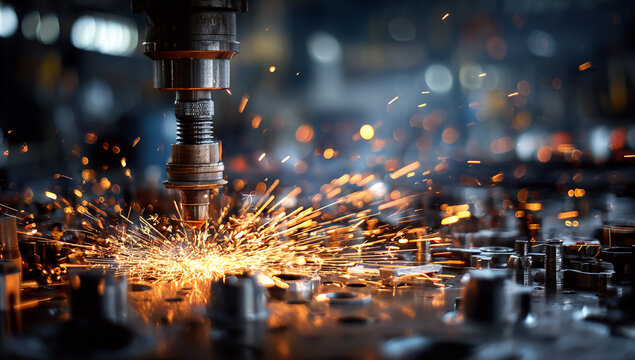Closeup of industrial machine drilling metal with sparks flying in workshop - Powered by Adobe