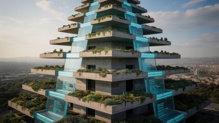 Futuristic eco-friendly skyscraper with cascading waterfalls and lush greenery