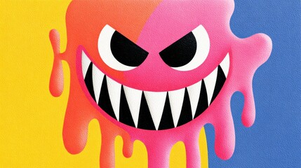 A colorful cartoonish monster face with exaggerated features, dripping paint effect, featuring sharp teeth and angry eyes, set against a vibrant background