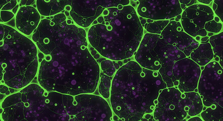 Abstract seamless pattern of glowing green and purple bioluminescent fungi network.