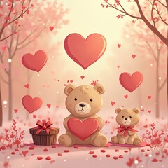 ハートに囲まれたテディベアのイラスト｜Valentine Teddy Bear Surrounded by Hearts