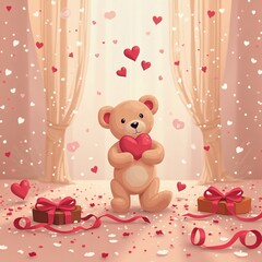 ハートを抱くテディベアのバレンタインシーン｜Valentine Teddy Bear Holding Heart Scene
