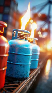 Row of vibrant gas cylinders in a port setting, symbolizing energy supply, logistics, and fuel industry