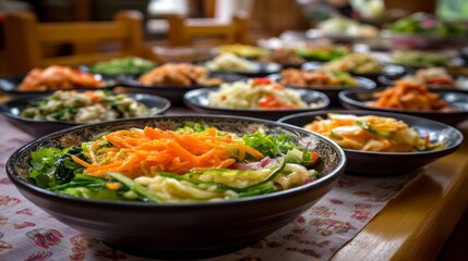 Obraz premium Colorful bowls of Korean dishes are beautifully arranged on a wooden table, featuring fresh vegetables and rich flavors. The inviting environment is perfect for sharing a meal with loved ones