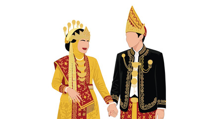 A beautiful Indonesian bride and groom from Minangkabau, West Sumatra, are shown in ornate traditional wedding attire holding hands.