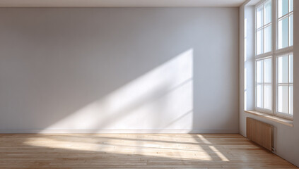 Empty room with white wall, wooden floor, and large window with sunlight casting shadows