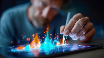 Close-up of hand drawing with stylus on tablet showing digital stock charts, symbolizing investment, analytics, and modern finance - Powered by Adobe