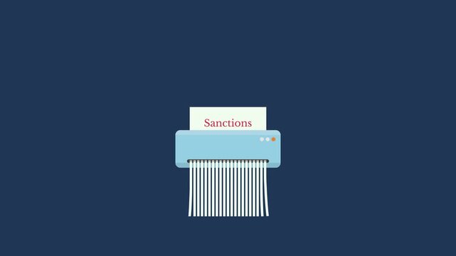 A sheet of paper labeled "Sanctions" is shredded, producing strips of paper. Animation of sanctions being lifted.