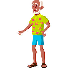 Elderly Man with White Hair and Beard Wearing a Hawaiian Shirt and Blue Shorts Standing Against a White Background