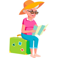 Elderly Woman Wearing Orange Hat and Pink Shirt Sitting on Green Suitcase Holding Map Wearing Sunglasses Outdoors