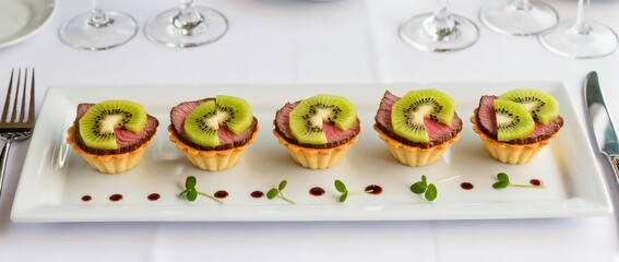 Beef tartlets with kiwi slices, elegant gourmet appetizer on a white plate.