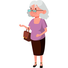 Elderly Woman Wearing Glasses and Carrying a Bag Standing Isolated on White Background Elegant Senior Person in Purple Top and Brown Skirt with Gray Hair and Red Accents on Glasses