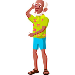 Elderly Man Wearing A Bright Hawaiian Shirt And Blue Shorts Posing With One Hand On His Ear And Another Arm Outstretched On Transparent Background