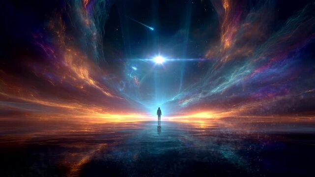 Lonely Man Watching Falling Stars in Space Galaxy Night. Seamless looping time-lapse virtual 4k video animation background