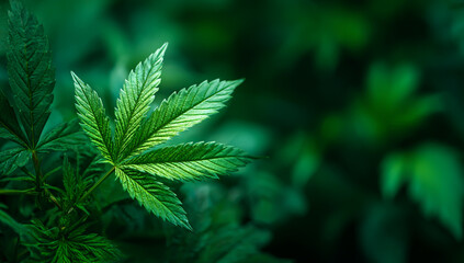 Close up of a vibrant green cannabis leaf with a blurred background