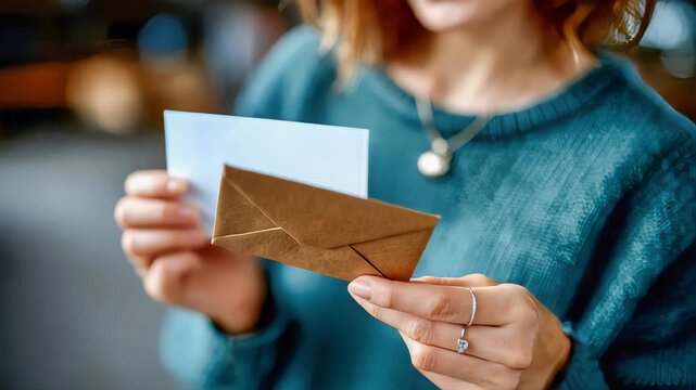 Person opening a brown envelope outdoors, symbolizing communication, correspondence, and anticipation