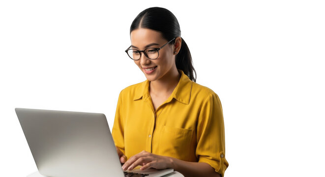 Young woman wearing glasses working on laptop smiling enthusiastically in bright yellow shirt isolated on transparent background - Powered by Adobe