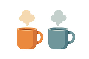 Pair of orange and teal coffee mugs with hot drinks and rising steam clouds on white background