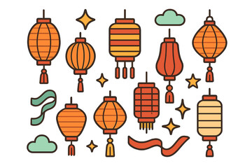 Traditional Asian paper lanterns with tassels and decorative elements for holiday celebration