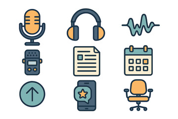 Modern flat icons set for podcasting, recording, office work, featuring microphone, headphones, and smartphone